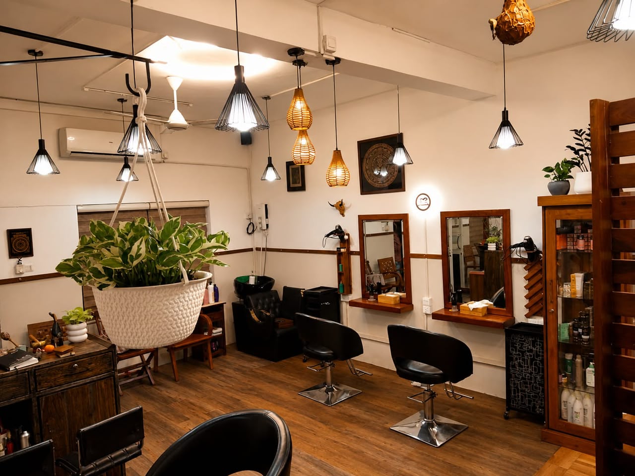 Wide view across the Cutting Crew salon floor and barber chairs
