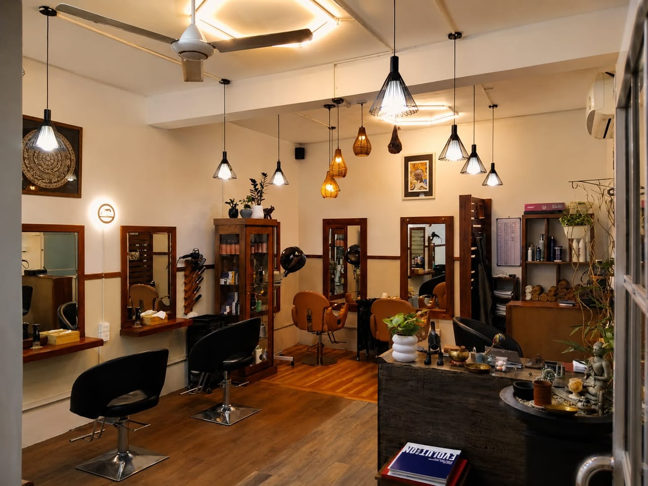 Warmly lit interior of Cutting Crew with mirrors, barber chairs and pendant lights
